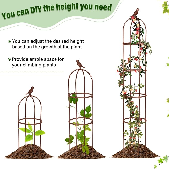 Sadnyy 4 Pack 6 ft Garden Obelisk Trellis for Climbing Plants Outdoor- Heavy Duty Rustproof Metal Pipe with Plastic Coated Plant Trellis for Clematis Grape Pea Vines Tomatoes Cucumbers Flowers(Brown)