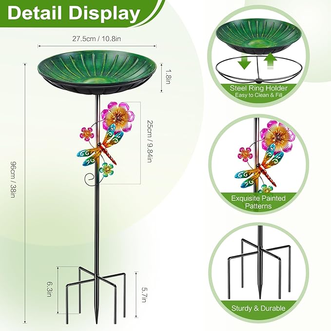 Metal Bird Bath for Outside, Removable Birdbath Feeder Bowl for Outdoors, Freestanding Bird Baths with Upgraded 5-Pronged Base for Garden Patio Yard Lawn Decor (Vintage Green)