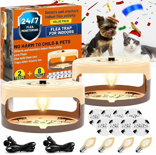 2 Pack Flea Traps for Inside Your Home, Indoor Flea Light Trap with 8 Sticky Pads & 4 Replacement Bulbs, Indoor Flea Trap Sticky Insect Catcher for Fleas, Moths & Gnats