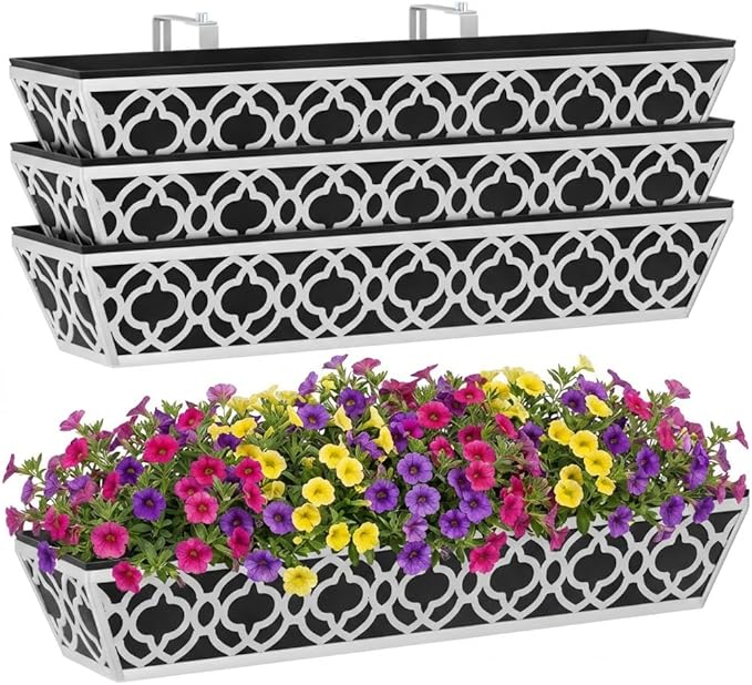 Y&M 30'' Metal Railing Planter Box Set with Black Non-Woven Fabric Liner, Flower Boxes with Adjustable Brackets, 4 Pcs Large Hanging Window Boxes for Fence, Deck, Balcony, and Garden - Gray