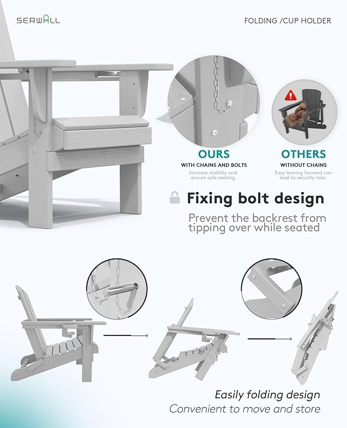 SERWALL Adirondack Chair with Cup Holders - Composite Adirondack Chairs Set of 4 HDPE Outdoor Chairs All Weather Use- Silver Gray