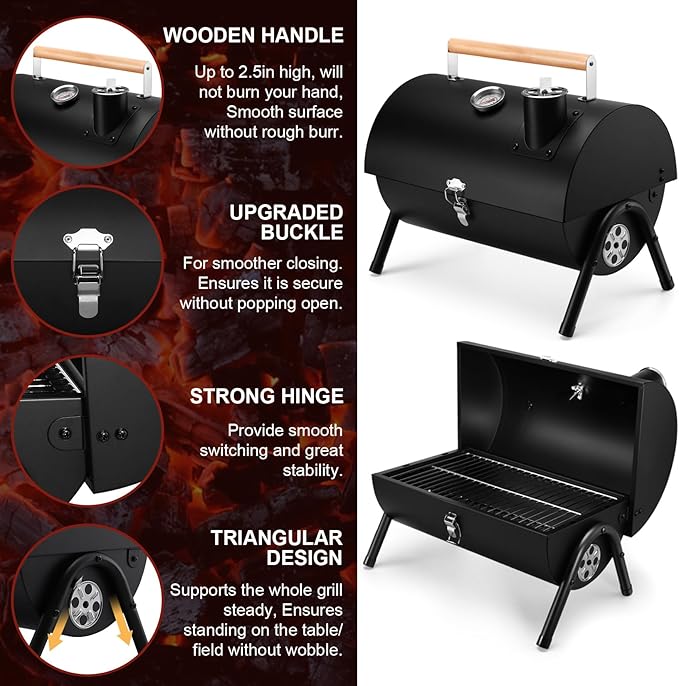 Joyfair Portable Charcoal Grill with Thermometer, Small Tabletop Barbecue Grill for Outdoor Camping Backyard Party BBQ Cooking, Extra Thick Steel & Heavy Duty, Innovative Design & Easy Assembly