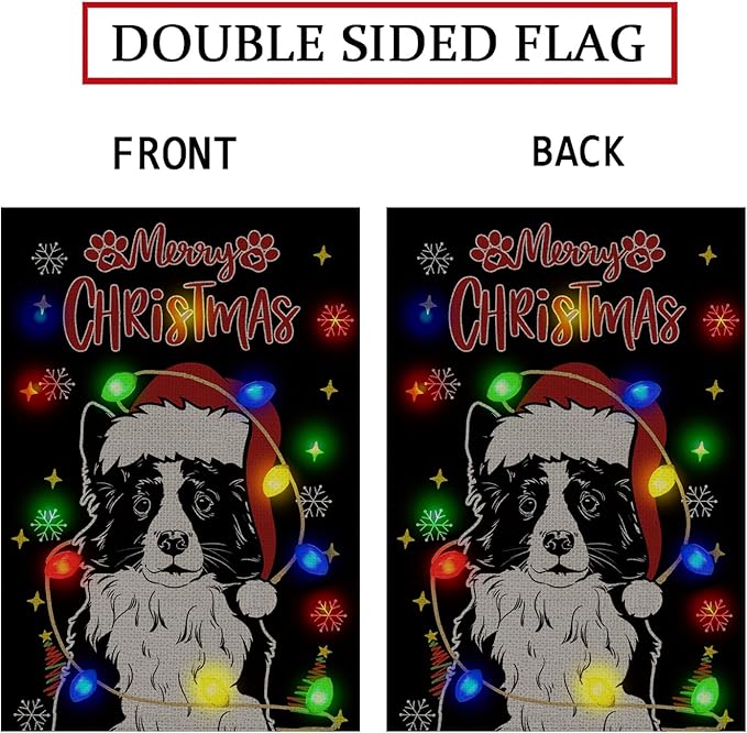 Christmas Dog Garden Flag - Led Border Collie Christmas Decor for Outside, Welcome Garden Flags Double-Sided Flag for Seasonal Winter Farmhouse Yard Lawn Decoration Gifts 12x18 inches