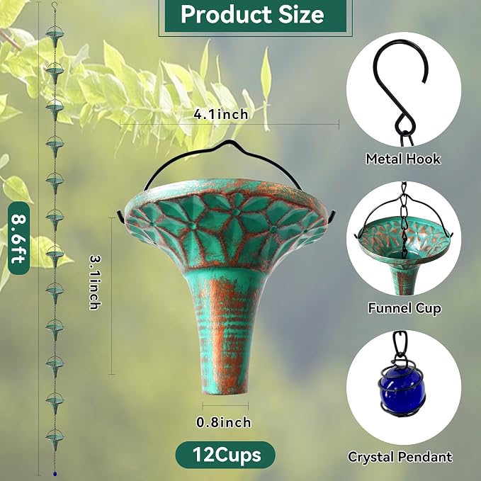 Patina Rain Chain for Gutters, 8.6 FT Decorative Water Chain with 12 Funnel Cups, Crystal Accent, Rust Resistant Outdoor Rain Chain for Garden & Porch