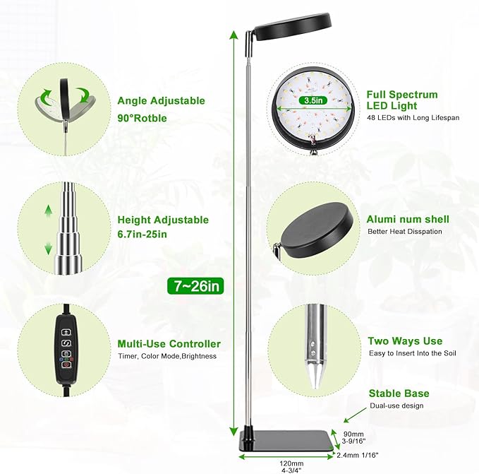 LED Grow Lights for Indoor Plants Full Spectrum, 48 LEDs Plant Light for Indoor Plants with 2 Mounting Options, 3 Optional Spectrums, 3/9/12Hrs, 10 Brightness,6.7"-26" Height Adjustable （black）