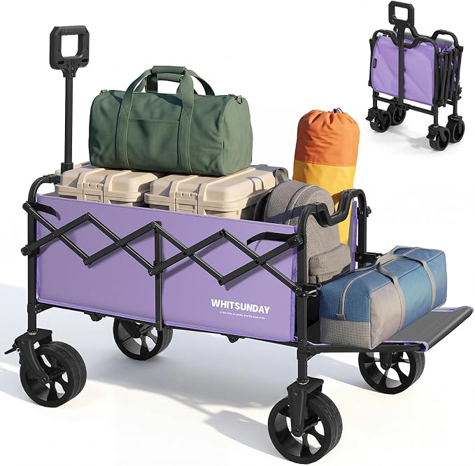 Collapsible Folding Wagon Cart, Heavy Duty Utility Wagons with Tailgate & Wheels,Portable Utility Cart for Camping,Garden,Beach,Sports Purple