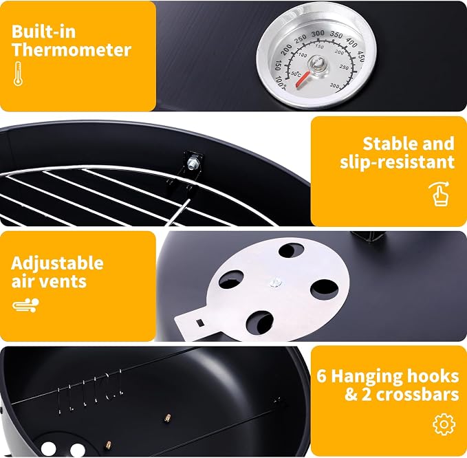 17 inch Vertical Charcoal Smoker, BBQ Grill, Fire Pit, 3-in-1 with Built-in Thermometer, Adjustable Air Vent, Idea for Parties, Backyard, Patio, Camping