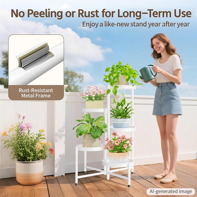 LASZOLA 5 Tiered Folding Plant Stand Indoor for Multiple Large Planter, Tall Heavy Duty Adjustable Rack with Rust Proof 10 Inch Wide Tray, Sturdy Vertical Tree Organizer for Narrow Inside Floor, White
