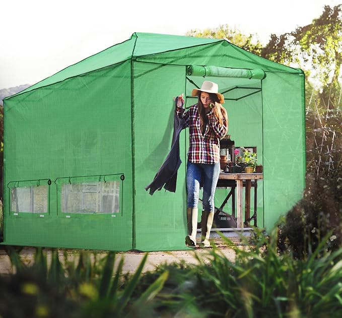 EAGLE PEAK 12x8 Portable Walk in Greenhouse, Pop Up Indoor Outdoor Greenhouse, Green House Kit with Zippered Roll-Up Doors, Windows + Support Pole, PE Cover, Clear/Green