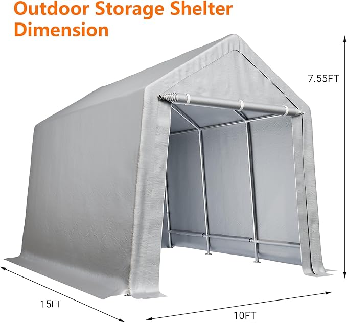 Portable Shed Outdoor Storage Shelter 10x15 FT, Heavy Duty Storage Shed Waterproof Storage Tent Tarp Sheds with Roll-up Zipper Door for Motorcycle, Bike, Garden Tool, All Metal Frame, Grey