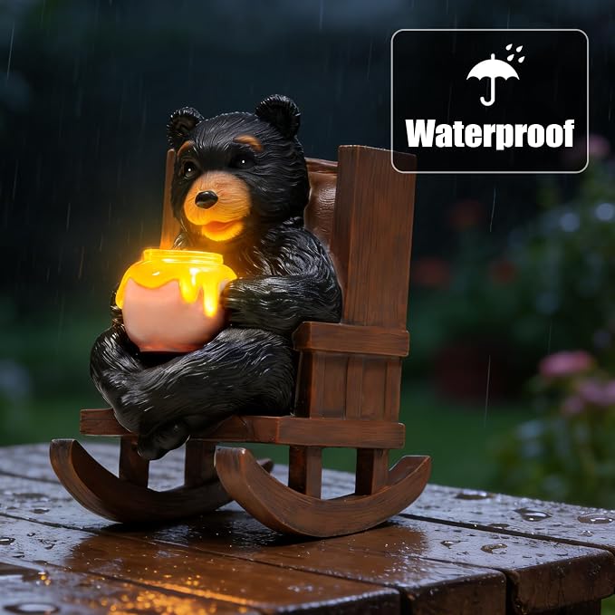 Sheaifun Solar Garden Statues Black Bear Decor Resin Bear Statues Outdoor with Solar Light Animal Figurine for Outside Yard Lawn and Patio Decorations Gardening Gifts for Women 3.5x5.5x6.25 Inch