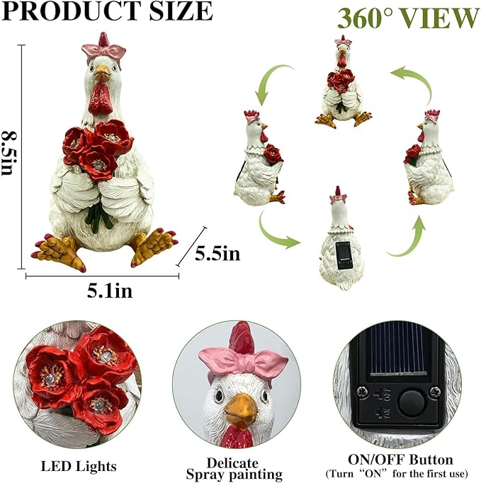 Solar Chicken Garden Decor with LED Light (5" W x 5.5" L x 8.5" H) – Cute Outdoor Hen Statue for Yard Patio Lawn, Chicken Outdoor Decor, Solar Yard Decoration, Housewarming Gifts
