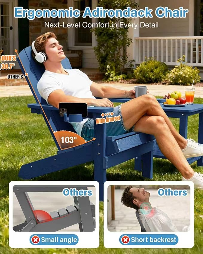 YEFU Adirondack Chairs Set of 2 Plastic Weather Resistant, Outdoor Chairs 5 Steps Easy Installation, Like Real Wood, Widely Used in Outdoor, Patio, Lawn, Fire Pit, Deck, Outside, Chairs (Navy Blue)