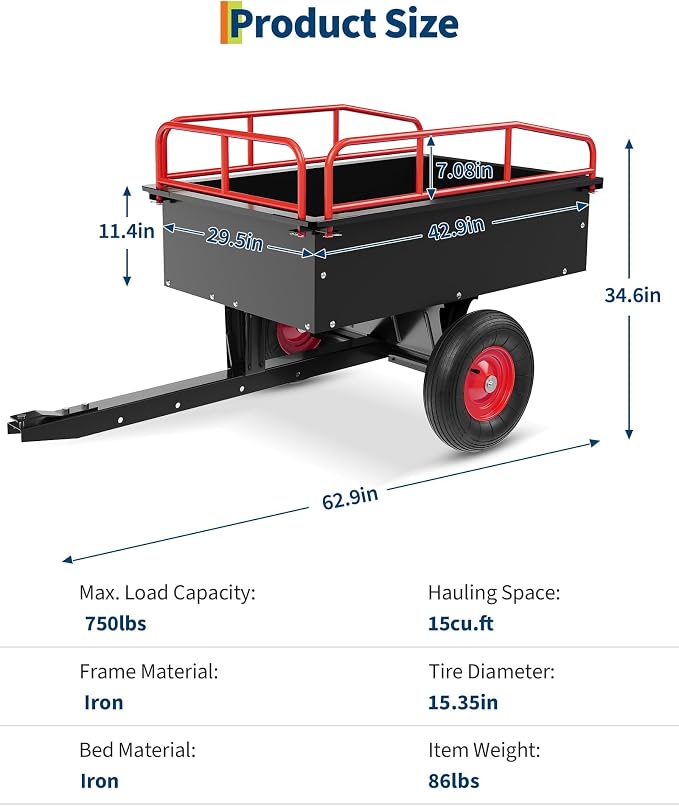 750 LBS Heavy‑Duty Dump Cart, 13.5 Cu.ft Steel Lawn Mower Trailer & Garden Trailer, Quick‑Release Dumping ATV Dump Trailer & Garden Utility Cart for Yard Work, Landscaping, Farm & Lawn Mower Towing