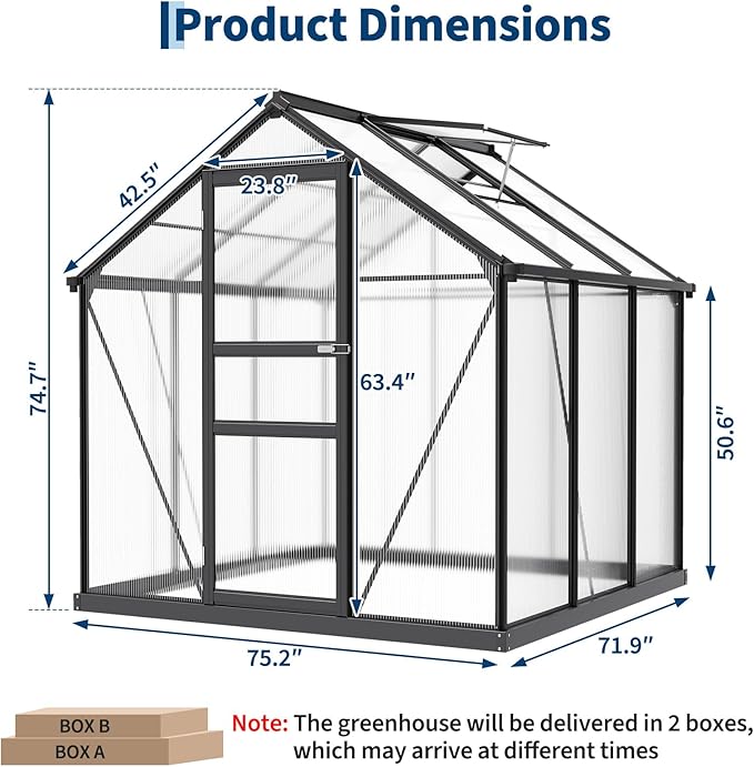 Garvee 6x6 FT Outdoor Greenhouse - Walk-in Aluminum Frame with Lockable Hinged Door, Adjustable Roof Vent, Rain Gutter - Ideal for Backyard, Patio, Lawn, Garden - Hinged Door