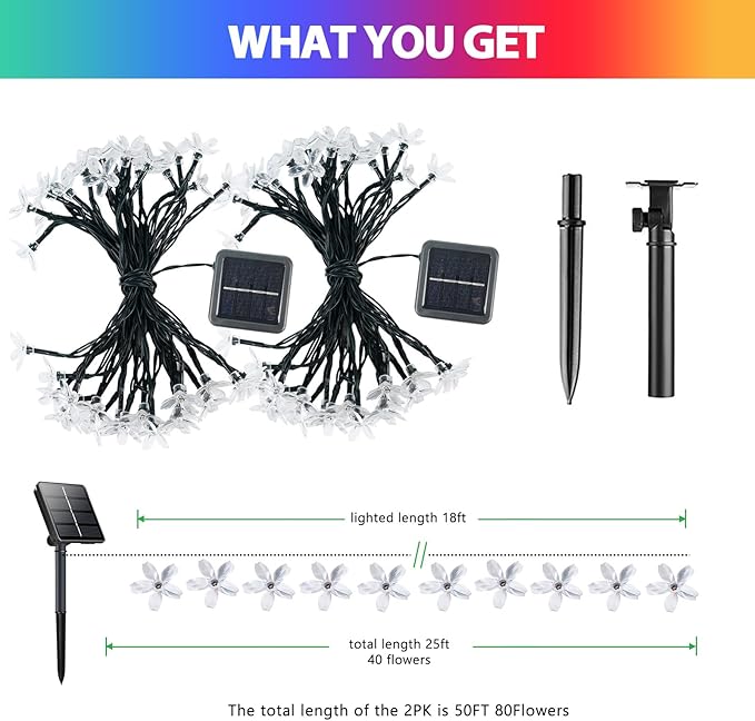 OZS 2PK 80LED 50FT Flower Solar String Lights Outdoor Waterproof, Cherry Blossoms Multicolor Lights with 8 Lighting Modes, Garden Decor for Outside, Pathway Light for Fence, Patio, Yard