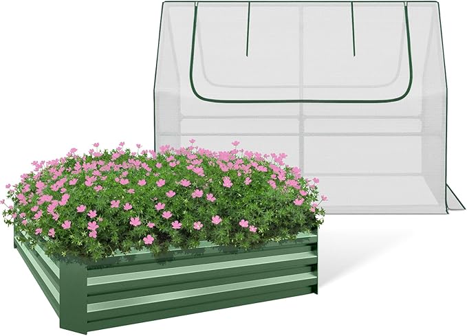BPS Raised Garden Bed Set, 4x4x1 FT Metal Bottomless Flower Bed with PE Cover for Outdoor Planting, White