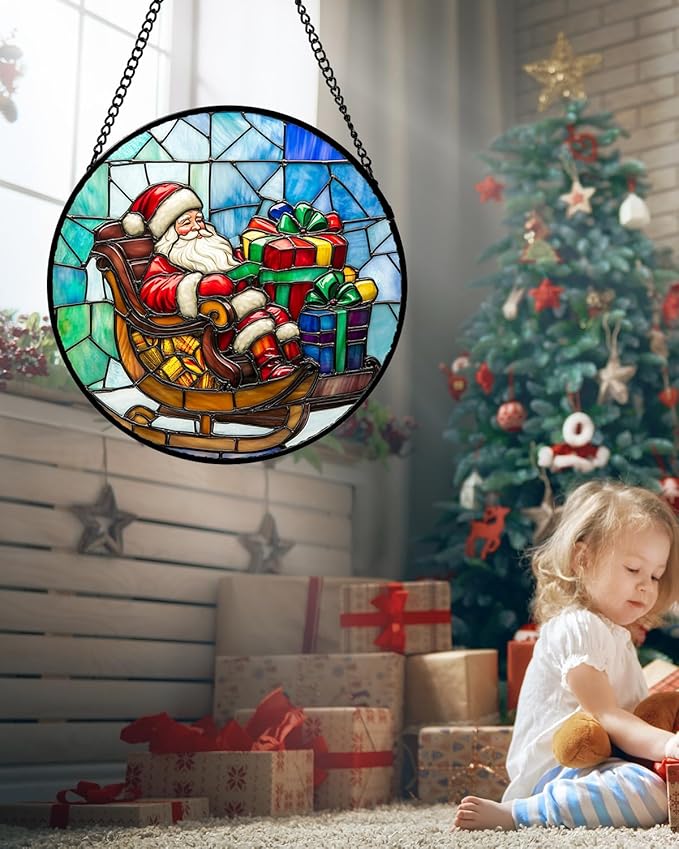 DASTOLL Stained Glass Window Hanging - Santa Claus Gift BoxSuncatcher for Doors Home Christmas Decoration Winter Sun Catcher Thanksgiving New Year Birthday Gift for Women Men Mom Nana 9.8 in