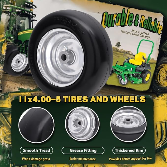 11x4.00-5 Flat Free Tire and Wheel (2 Pack),11x4-5 Solid Smooth Tractor Turf Tire with Rim, 3.4" Centered Hub and 3/4" & 5/8" Bushing, For Zero Turn Mowers and Riding Lawn Mower(Gray)
