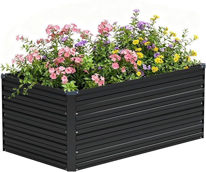 Vengarus 4x2x2FT Galvanized Raised Garden Bed Kit, Deep Root Planter Box Outdoor Large Planter Raised Beds for Planting Flowers,Vegetables and Herbs-Black