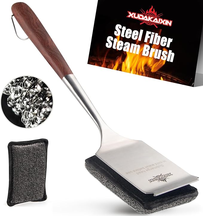 Bristle-Free Steam Cleaning Grill Brush Kit – Luxurious Long Rosewood Handle, Includes 1 Replacement Head – Safe BBQ Grill Cleaning for Outdoor Grill – Great Gift for Men/Dad