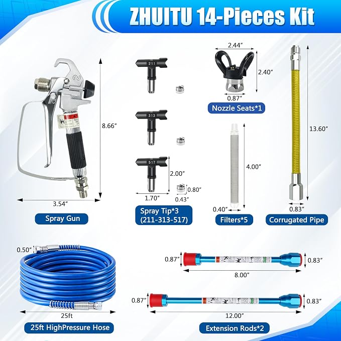 Airless Paint Sprayer Gun Kit 3600PSI Airless Spray Gun with 25Ft High Pressure Hose 3Pcs Reversible Spray Tips 2Pcs Extension Rod 5Pcs Airless Spray Gun Filter, Nozzle Holder and Corrugated Pipe