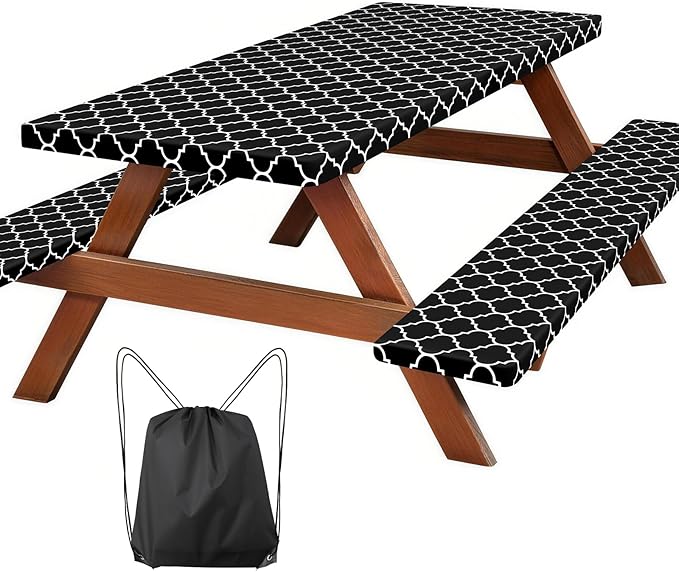 Picnic Table Cover with Bench Covers, Fitted 6ft Waterproof Tablecloth Set for Outdoor Camping & RV - Includes 1 Table Cover & 2 Bench Covers with Drawstring Storage Bag, 30"x72", Morocco Black