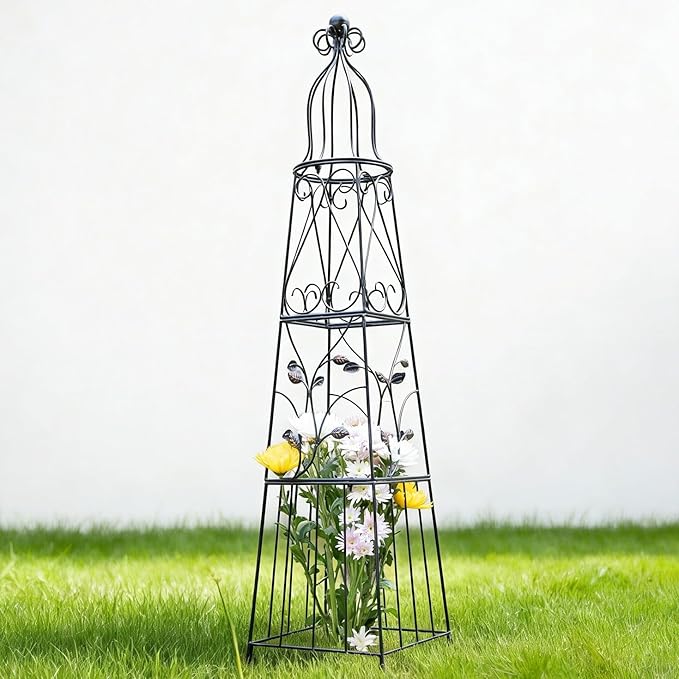 51-Inch Vintage Metal Garden Obelisk Trellis - Sturdy Climbing Plant Support for Roses, Bougainvillea, Vines & Potted Plants - Elegant Design for Gardens & Patios