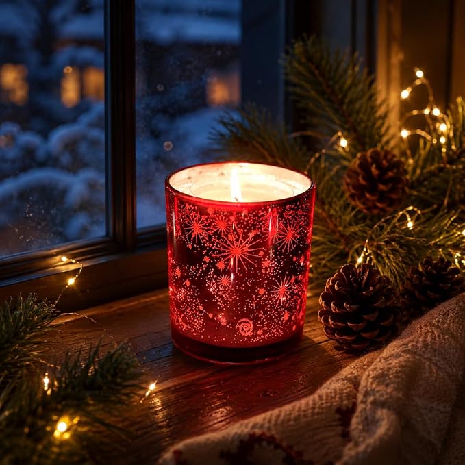 Viyffo 12oz Heat-Activated LED Light Up Scented Candle - Lavender & Eucalyptus, Non Toxic Soy Candle, Decorative Red Jar, Night Light Candle for Bedroom, Bathroom & Living Room, Novelty Gift