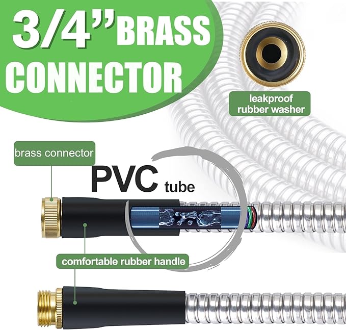TVKB Metal Garden Hose Stainless Steel Metal water Hose Super Tough & Flexible Water pipe Lightweight, Crush Resistant Aluminum Fittings, Kink & Tangle Free, Rust Proof (50FT)