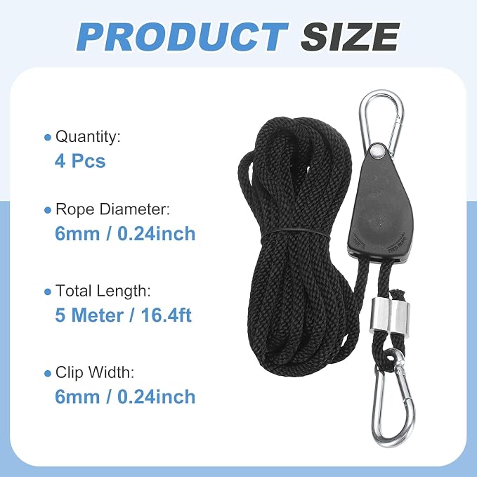 uxcell 4 Pairs 1/4" Adjustable Rope Hanger, 16.4ft(5 Meter) Heavy Duty Ratchet Tie Down Strap with Rope Clip Hanger for Hanging Plants, Grow Light and Various Tie-Down Uses, Black