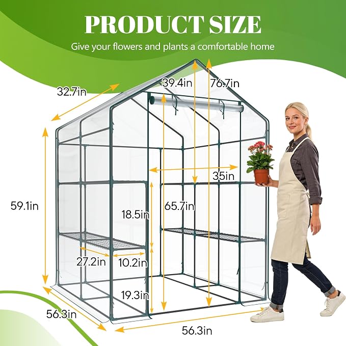 OLIXIS Outdoor Greenhouse, Walk-in Greenhouse with 2 Tier 8 Plant Shelves, Durable PVC Cover, 56"×56"×77" Portable Greenhouses for Outdoor Garden, Patio, Porch, Backyard Green Houses, Clear