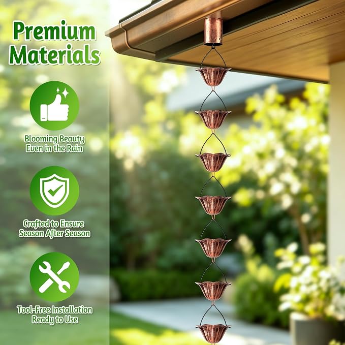 Rain Chains for Gutters Outside 8.5FT Copper Rain Catcher Chain with Adapter 16 Cups Decorative Replacement for Downspout