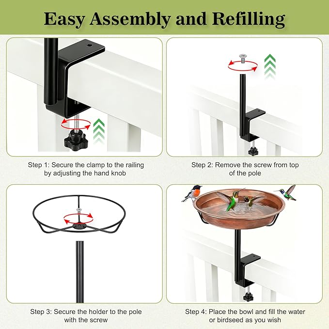 Gtongoko Deck Mounted Metal Bird Bath for Outside 12 Inch, Weather-Resistant Birdbath Bowl for Balcony Fence Railing with Adjustable Clamp Outdoors