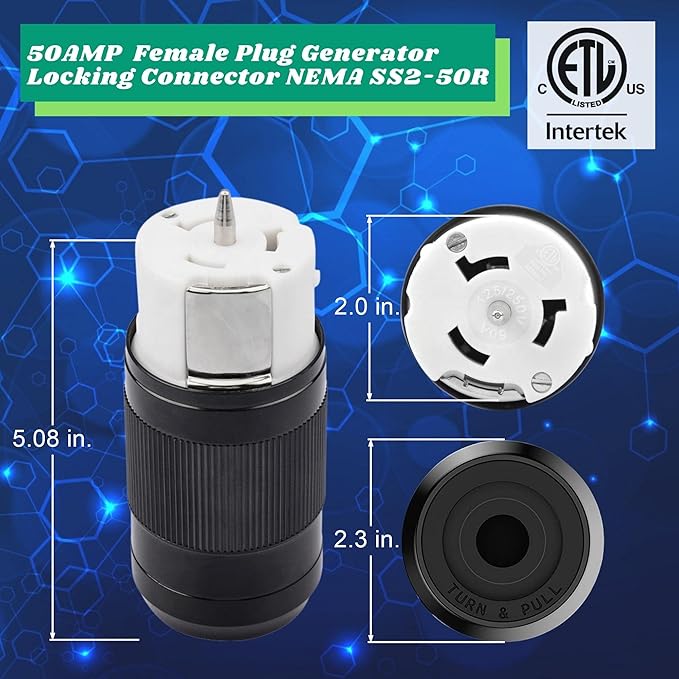 Sintron Generator Connector 50 Amp NEMA SS2-50R, USA/Canada Marine Shore 4-Pin Straight Blade Connector, 3 Pole 4 Wire Grounding 125V/250V, ETL Listed, Twist Locking Connector 50A CS6364 12500 Watts