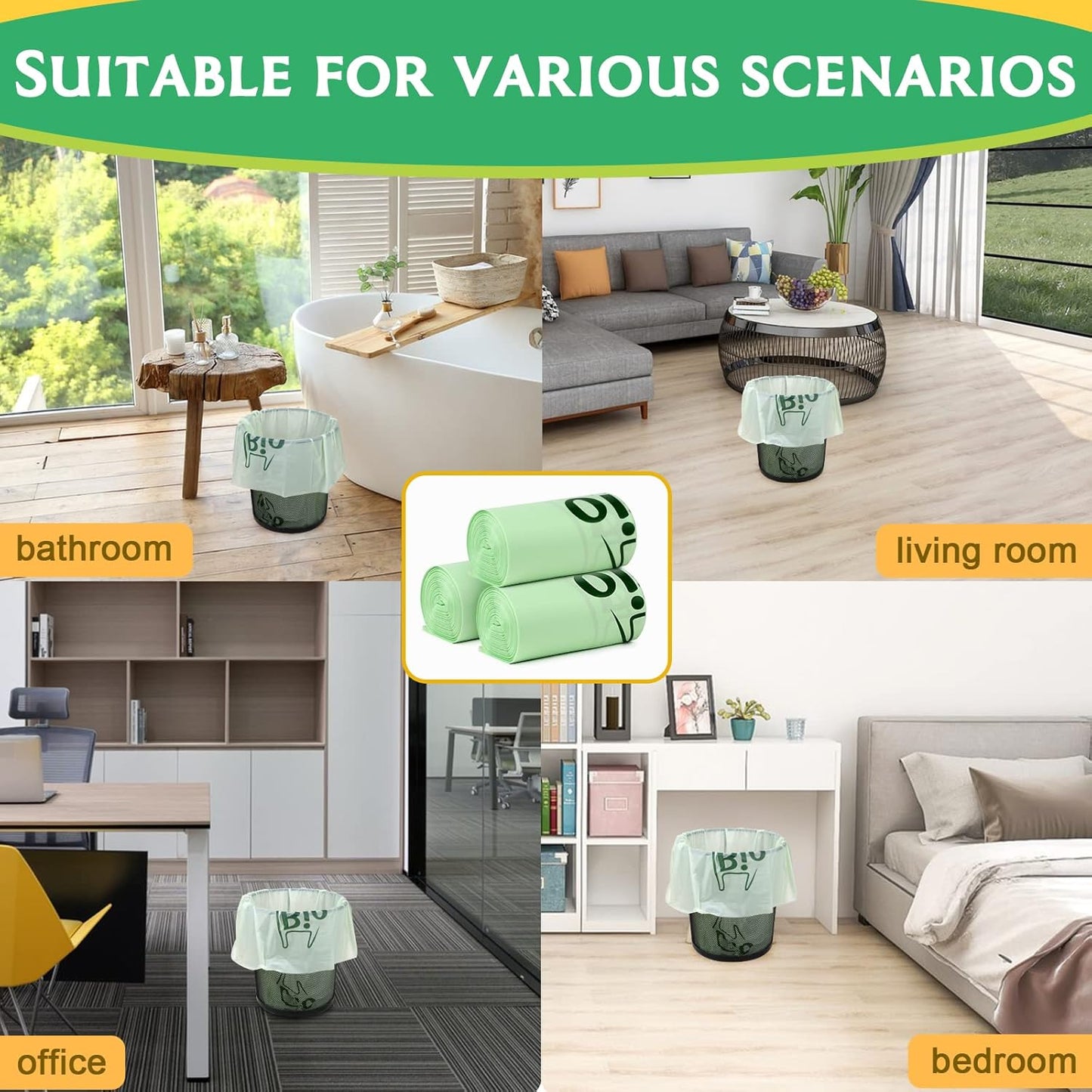 8 Gallon Compostable Trash Bags, 100 Count Flat-Top Garbage Bags Biodegradable, Medium Small Food Scrap Waste Bags for Kitchen Bathroom Office Car, US BPI and Europe OK Compost