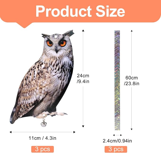 3 Pack Bird Scare Owl Fake Owl, Reflective Hanging Bird Decoration, Effective Bird Control Device to Keep Birds Pigeon Woodpecker Away from Patio Garden