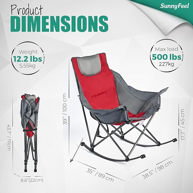 SUNNYFEEL Oversized Rocking Camping Chair 2 Pack, Fully Padded Patio Chair with Side Pocket, High Back Portable Lawn Recliner with Carry Bag, Outdoor Rocker Camp Chairs for Adults Heavy Duty 500 LBS