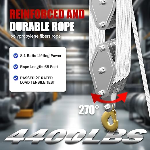 YATOINTO Rope Pulley Hoist with Metal Bearing 4400 LB, 8:1 Pulley Block and Tackle System, Pulley Block 2200LB Loading Capacity, 65ft Heavy Duty Rope Hoist for Hunting Garage Warehouse Constructions