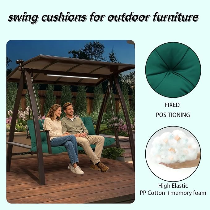 Porch Swing Cushions 60x40 Inch, 5" Extra Thick Waterproof Outdoor Swing Seat Cushion with Backrest & 8 Non-Slip Ties PP Cotton + Memory Foam Fill, Fade-Resistant 3-Seater Replacement for Patio Bench