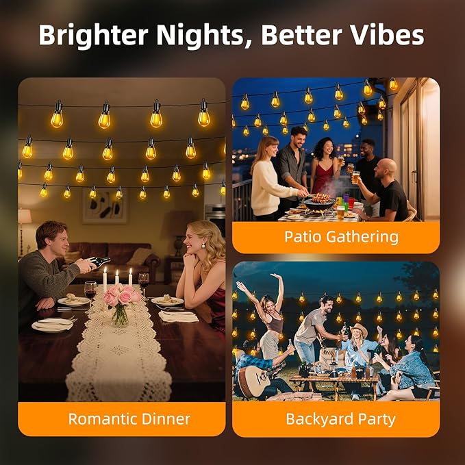 Outdoor Patio String Lights 50ft: S14 LED Shatterproof Bulbs 3 Modes Button Control - Waterproof Connectable Hanging Lights - Garden Backyard Yard Gazebo Porch Party Decorative