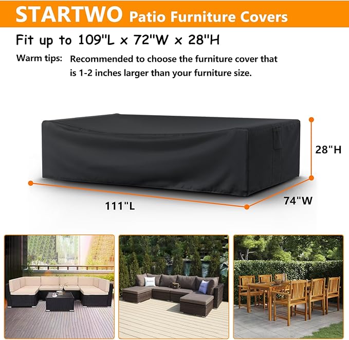 STARTWO Patio Furniture Covers Waterprpoof, Tear Resistant Rectangular Outdoor Furniture Set Cover for Table Chairs and Sectional Sofa, 111"L x 74"W x 28"H