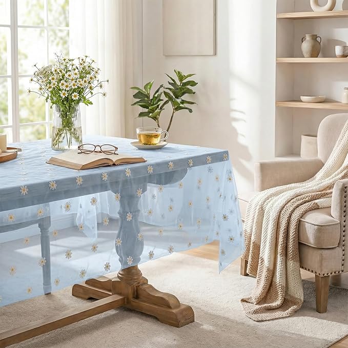 Horaldaily Blue Embroidery Daisy Spring Summer Gauze Tablecloth 60×104 Inch Rectangular, Seasonal Tulle Table Cover, Garden Party Decorations for Wedding, Party, Holiday Dining
