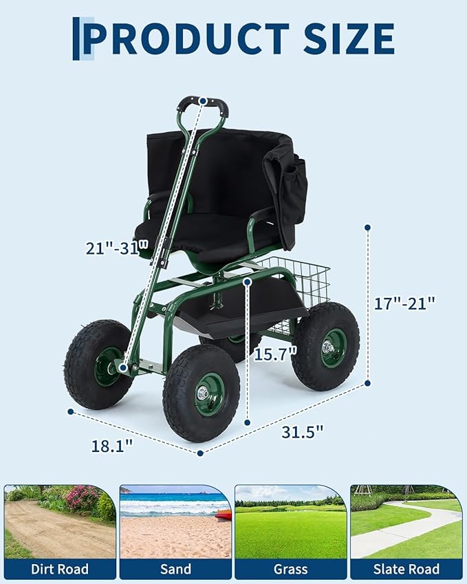Rolling Garden Work Seat with Wheels, 360° Swivel Seat Gardening Cart with Extendable Steering Handle, Tool Tray and Storage Basket, 300 lbs Capacity, Gardening Stools for Patio, Yard, and Outdoors