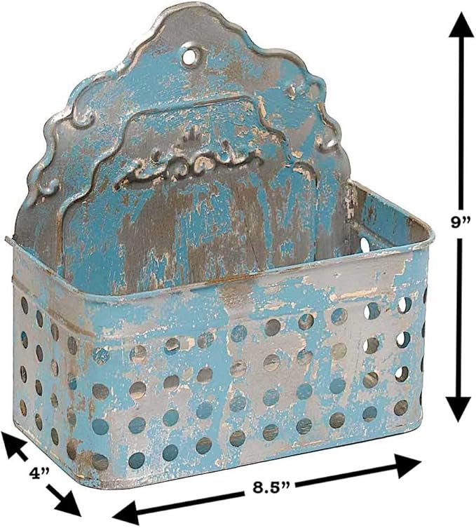 Antique Blue Wall Planter Hanging Metal Bucket Container Organizer for Flowers Succulent Air Decorative Plants Tools Distressed Indoor or Outdoor 9 x 8.5