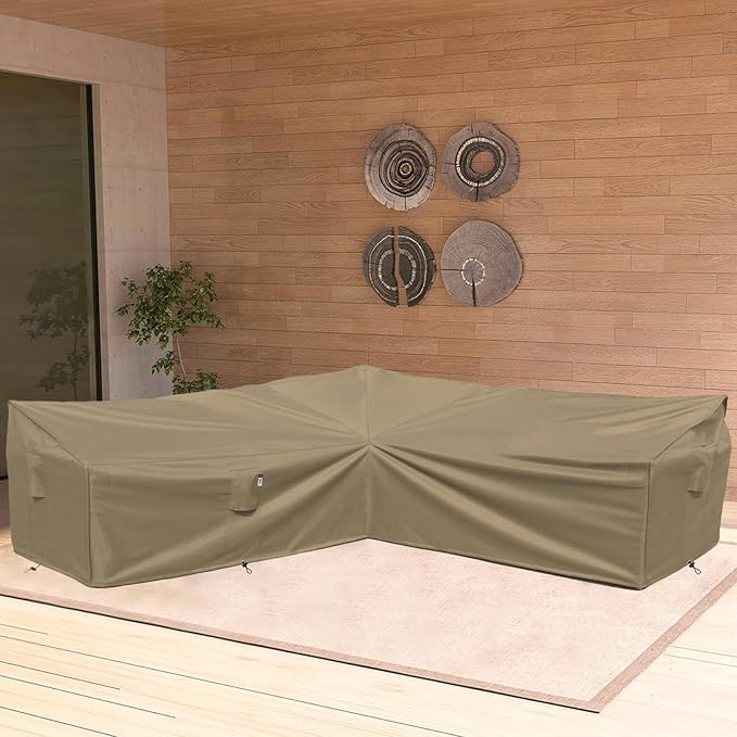 Heavy Duty Outdoor Sectional Sofa Cover, 115"X115" Waterproof 600D Patio Sectional Couch Protector, V-Shaped Lawn Winter Patio Furniture Covers-Desert Khaki