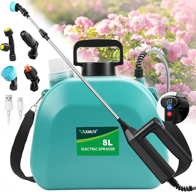 Battery Powered Sprayer 2 Gallon, 2026 Upgrade Electric Sprayer with 3 Adjustable Speed, Battery Indicator, 4 Mist Nozzles, Rechargeable Retractable Wand with Adjustable Shoulder Strap for Lawn Garden