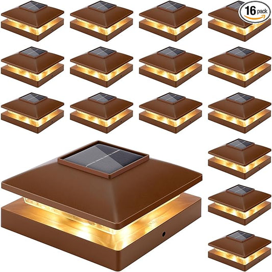 Solar Post Cap Lights Outdoor 16pack, Brown Waterproof Solar Powered Deck Fence Post Lights Fit 4x4 Wood/Vinyl Posts, Bright Warm White Solar Post Lights Decorate Deck, Patio, Porch, Fence (16pack)