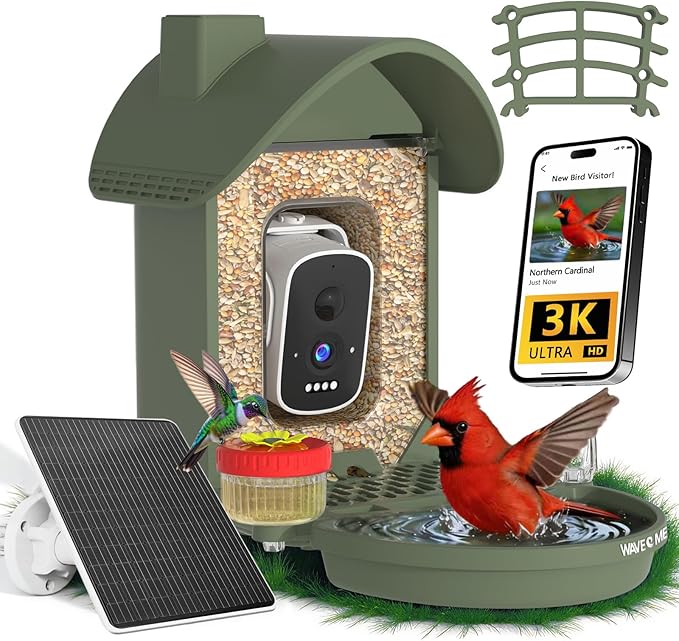 Bird Feeder with Camera, 3K Smart Bird Camera with AI Identification & Bird Bath, Solar Powered Wireless Outdoor Bird House with Spill-Proof Net, Ideal Backyard Watching Gift to Bird Lovers
