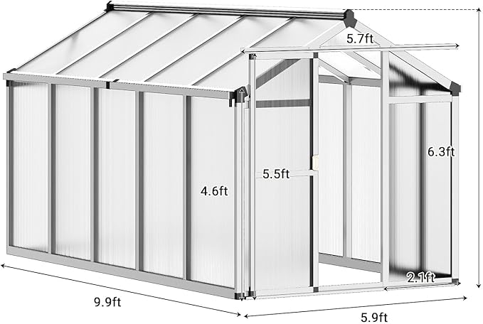 GarveeHome 6X10 FT Greenhouse for Outdoors, Walk-in Greenhouse Kit with Aluminum Frame, Polycarbonate Panels, Adjustable Roof Vent, Sliding Door, Secure Lock for Outside Garden, Patio, Backyard